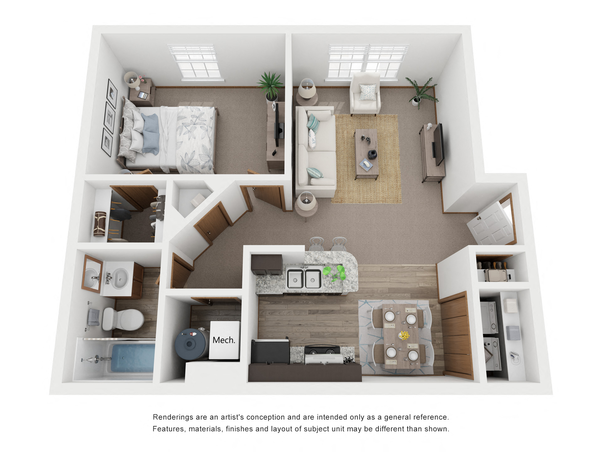 Floor plan for 1 bed, 1 bath, 750 sqft